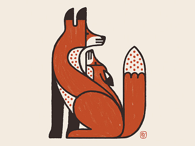 Papa and his pup. animals conte folk fox illustration painting primitive