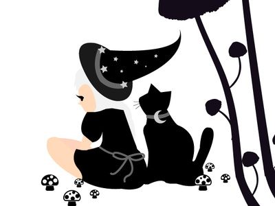 Sabrina & Salem black white fantasy halloween illustration mushroom sabrina salem simple sleepy