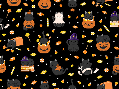 Halloween Candy & Kitties - Black black candy corn cat children costumes cute halloween illustration pattern pattern design pumpkin surface pattern surface pattern design