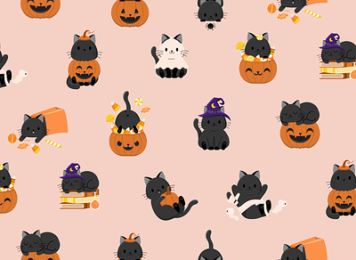 Halloween Candy & Kitties - Peachy Cream black candy cat cats costumes cute halloween halloween design halloween party illustration pattern pattern design pumpkin surface pattern surface pattern design trickortreat