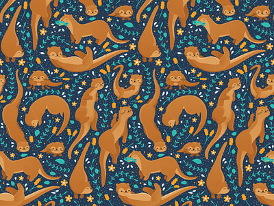 Otters Down Stream cute design illustration otter pattern pattern design stream surface pattern surface pattern design twitch vector flowers zoo