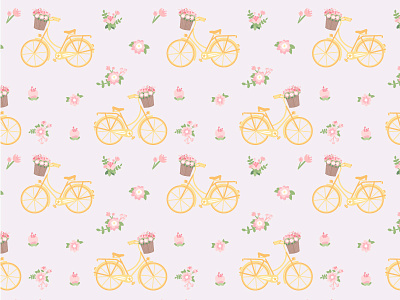 Yellow Schwinn with A Basket of Flowers Pattern bicycle illustration illustration pink hues spoonflower pattern vector flowers yellow bike