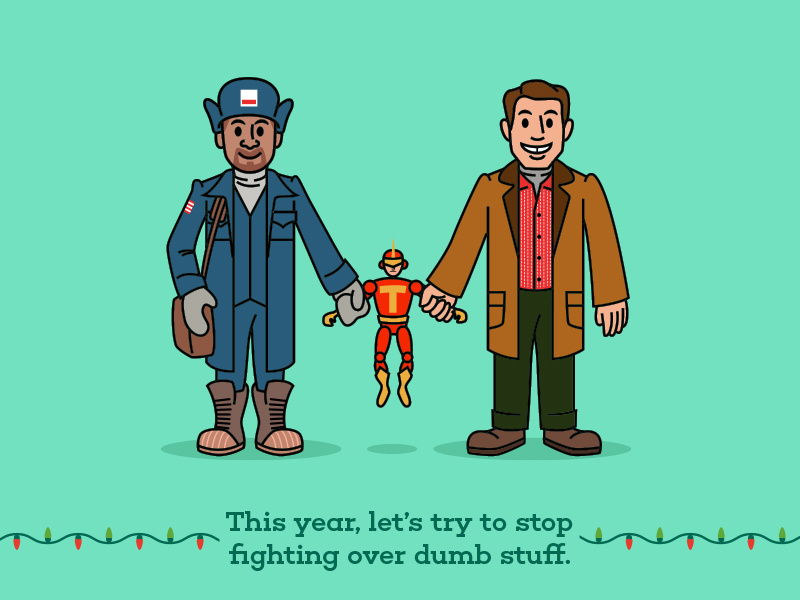 Myron, Turbo Man and Howard film movie jingle all the way fan art funny vector illustration cartoon holidays christmas