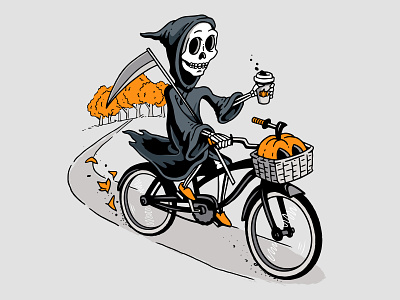 Fall Reaper autumn bicycle design fall funny grim reaper halloween horror illustration inktober pumpkins vector