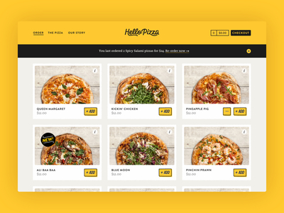 Hello Pizza menu page clean menu pizza ui web yellow