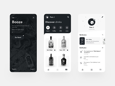 Booze Mobile App black white booze clean design design drink graydesign minimal mobile apps typography ui ux