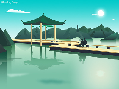 Huizhou West Lake 山水 惠州西湖 扁平插画 湖泊 自然风光 风景