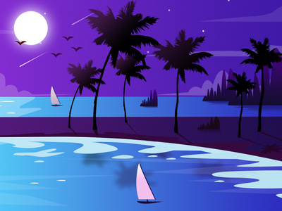 海边夜色 夜色 大海 扁平插画 椰树 海边 风景