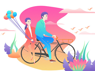 爱情 扁平插画 气球花朵 爱情 男女关系 自行车
