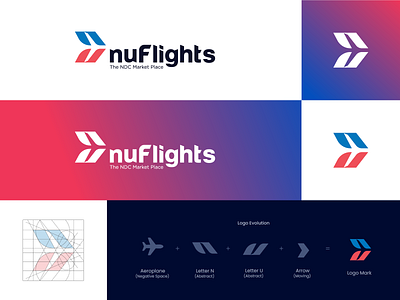 nuFlights Logo branding creative flight logo illustration logo design logo mark minimal moving n logo n mark sky terchnology