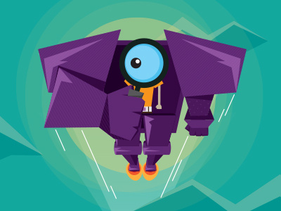New Haircut Power Positions :: QA Analyst blue eye flying illustration magnifying glass orange purple qa robot sky vector