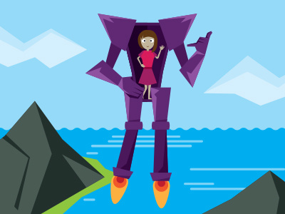 New Haircut Power Positions :: Account Executive blue executive flying girl illustration mountain power purple robot sky vector water