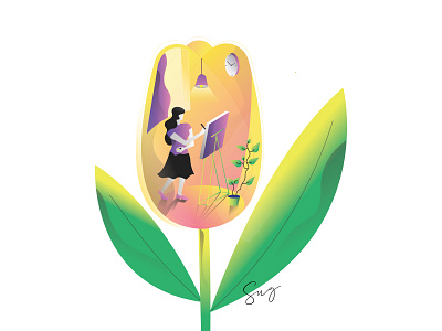 Girl drawing inside flower