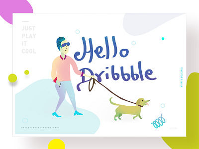 Hello Dribbble Illustration character colorful design dog hello dribbble illustration man walk website