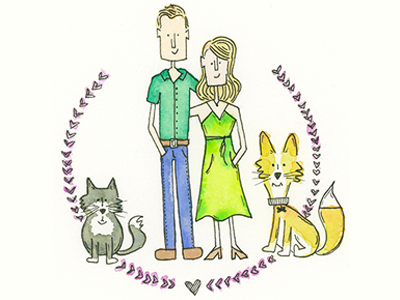 Matt, Allie, Frankie & Viper custom illustration cat dog engagement family portrait illustration pup save the date