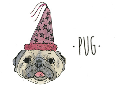 Pug party abc birthday dog hat illustration pug puppy watercolor