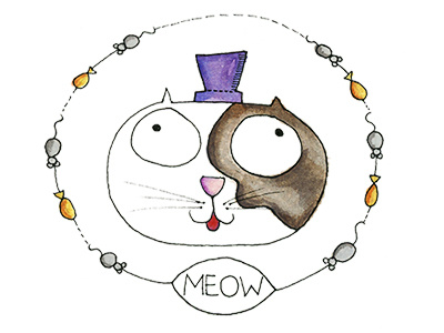 Animal Sounds – CAT cat fish illustration meow mouse pen top hat watercolor