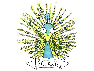 Squawk. Peacock. animal sounds baby bird children green illustration kids noise toddler watercolor
