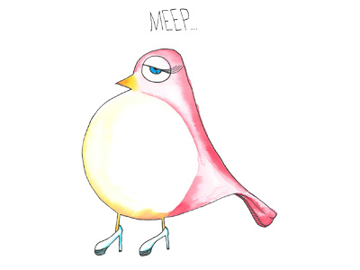 Bird in hella heels. bird birdy eyelashes heels illustration line meep pen shoes watercolor