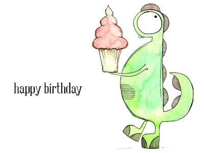 Happy birthday birthday cake cupcake dino dinosaur eye illustration lines paper pen watercolor