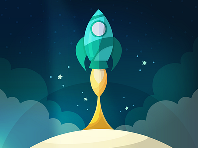 Rocket blue clouds cosmos cute flat illustration launch rocket space spaceship stars vector