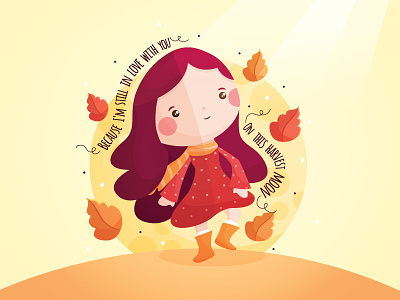 On this Harvest Moon autumn cute fall flat girl harvest moon illustration kawaii leaves love song vector