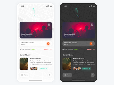 Hang-out Time - Day & Night Mode blur city club dark dark mode design event event app icon iphone map mobile app music night mode party people ui ux wroclaw
