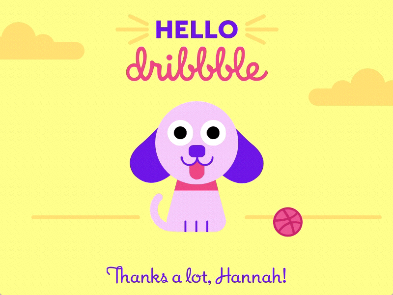Hello Dribbble animation ball character dogo first flat illustration principle shot vector