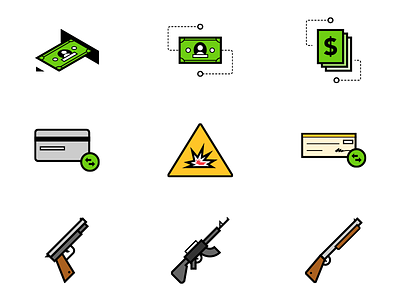 Icons cash check credit card explosion icons pistol rifle shotgun transfer