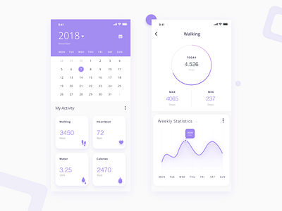 Fitness App activity adobe xd app calendar design fitness flat interface ios iphonex minimal mobile app purple statistics step ui ux