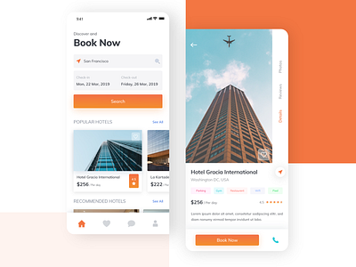 Hotel booking app UI adobe xd app booking card design hotel interface iphonex mobile app trend 2019 trending ui ux