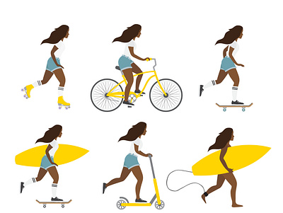 Set of girls activity african american bicycle character flat design girl illustration people riding roller skates skateboard sport woman