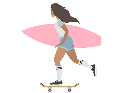 Girl with surfboard character female flat design girl illustration riding skateboard skater sport summer surf surfing woman
