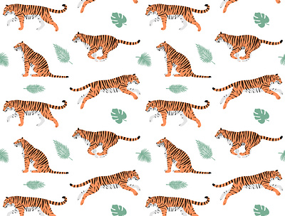Seamless pattern of tigers animal asian cat flat design illustration jungle leaves nature palm tiger tropical wild wildlife