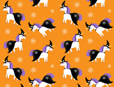 Halloween unicorn pattern animal autumn cartoon childish cute flat design halloween horse illustration orange seamless pattern spooky trendy unicorn