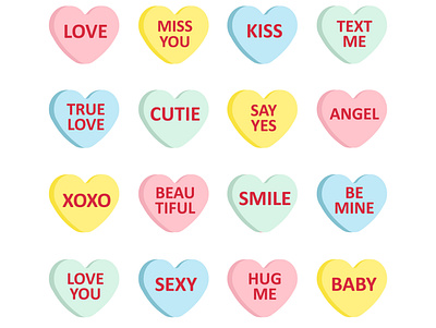 Set of valentine candies candy flat design heart illustration love pastel retro set sweet text trendy valentine xoxo