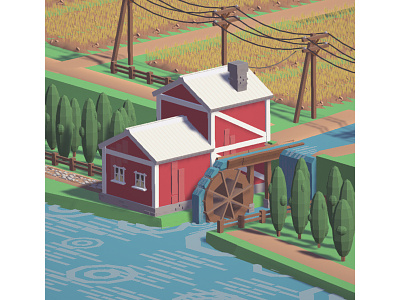 Water mill 3d asset for game game low poly unity