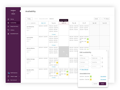 Andjaro - Availability per hour (week view) andjaro app availability calendar calendar design calendar ui design sketch ui web app