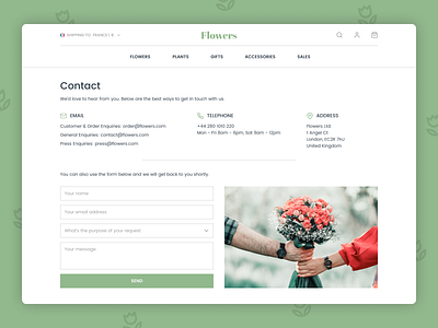 Daily UI 028 - Contact Us contact contact form contact page contact us dailyui dailyui028 design e commerce ecommerce figma flower shop flowers shop shop ui website website design