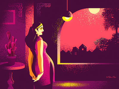 The Lonesome! art beauty design female illustration moonlit night red vivid