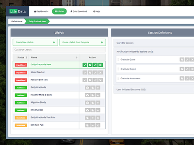 LifePak Builder & Manager admin panel dashboard information architecture interaction design lifedata lifepak builder lifepak manager uiux