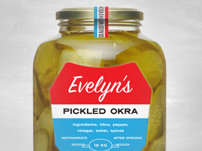 Evelyn's Packaging Concept blue crest farm food identity logo mark midwest packaging pickles red script seal texture typography