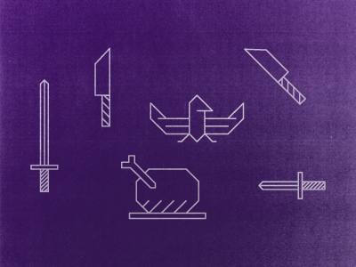 Bird, Knife, Cleaver, Sword, Cooked Bird & Cleaver animal bird chicken cleaver cook fly graphic icon illustration knife line linework logo mark medieval purple stroke sword vector weapon