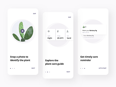 Plants app - Guide pages app cards care guide garden identification mobile onboarding photo plants reminders stepper temperature ui ux walkthrough watering