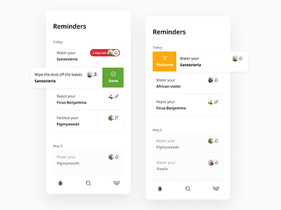 Plants Care app - Reminders app cards care guide fertilizer flowers garden ios mobile plants postpone prototype reminder repot swipe ui ux watering