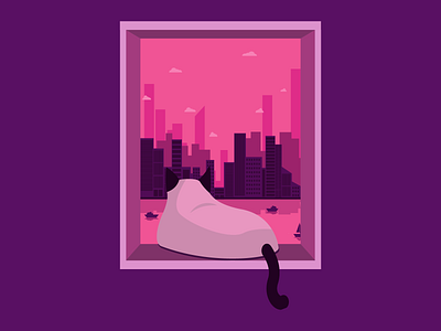 Enjoying City View cat city design flat illustration vector window