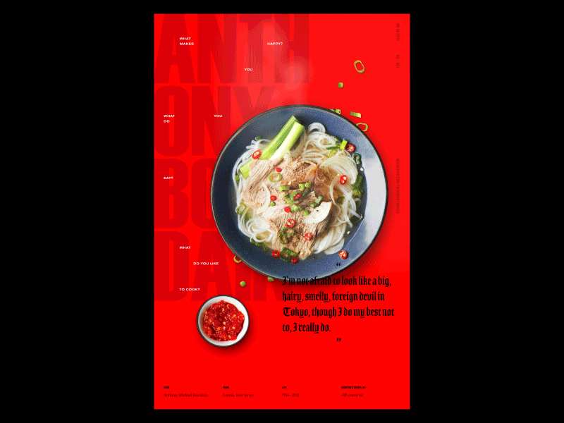 Moving Poster, Anthony Bourdain anthony bourdain chef culinary food motion noodles pho poster rockstar steam travel type
