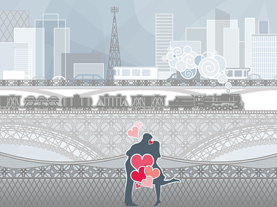 Love story in open-work city 14 february bridges cityscape illustration lacy love love story open work patterns postcard train vector vector illustration