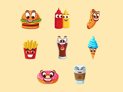 FastFood Emojis burger cartoon cartooncharacter emoji emojis fastfood hotdog illustration tasty vectors