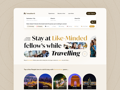 Nomadmesh-Stay at like-minded fellow's while travelling advanced search check in check out cities interests landing page logo nomadic tags travelling web design